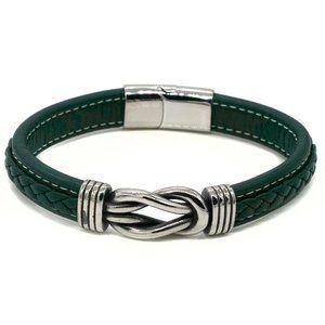 Men's green leather bracelet love knot  magnetic clasp.